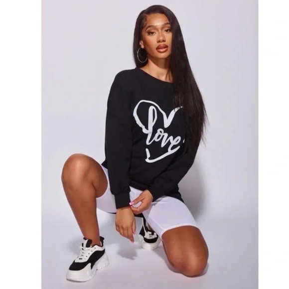 Black Love Print Long Sleeve Loose Fit Oversized Sweatshirt Top - Picture 8 of 10